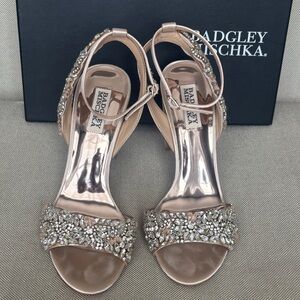 Badgley Mischka Crystal Embellished Heels - Silver and Tan